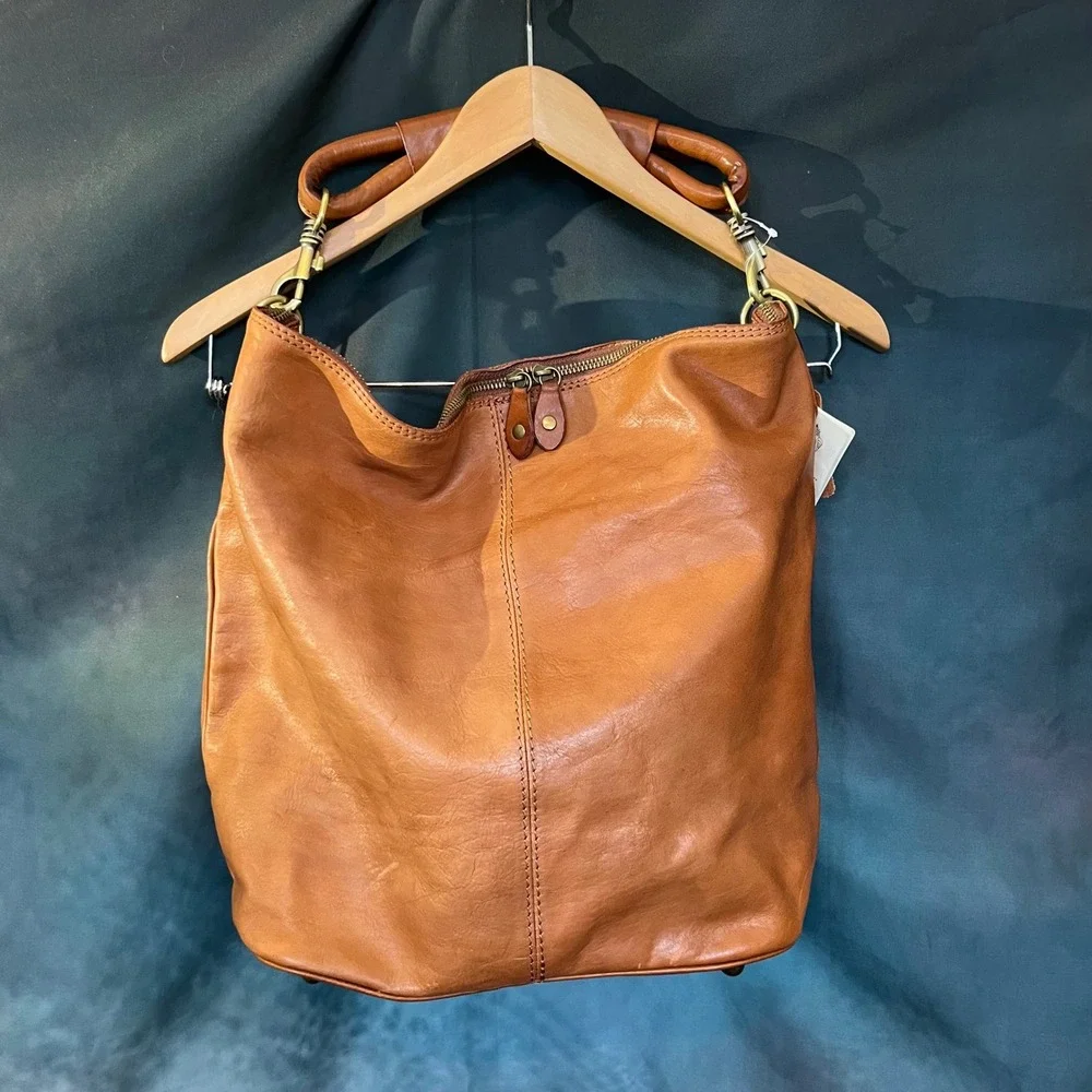 I Medici Firenze Genuine Leather Hobo Shoulder Bag‎ Tan Brown Double Zip Top